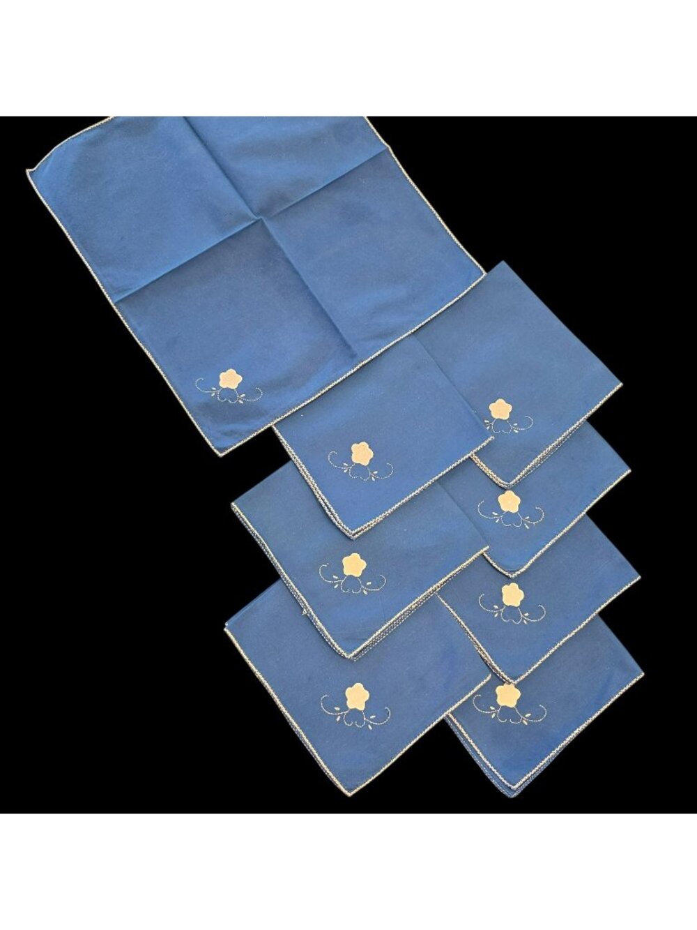 Vintage Blue Linen Napkins Set (8) w White Floral Embroidery & Appliqué 16"